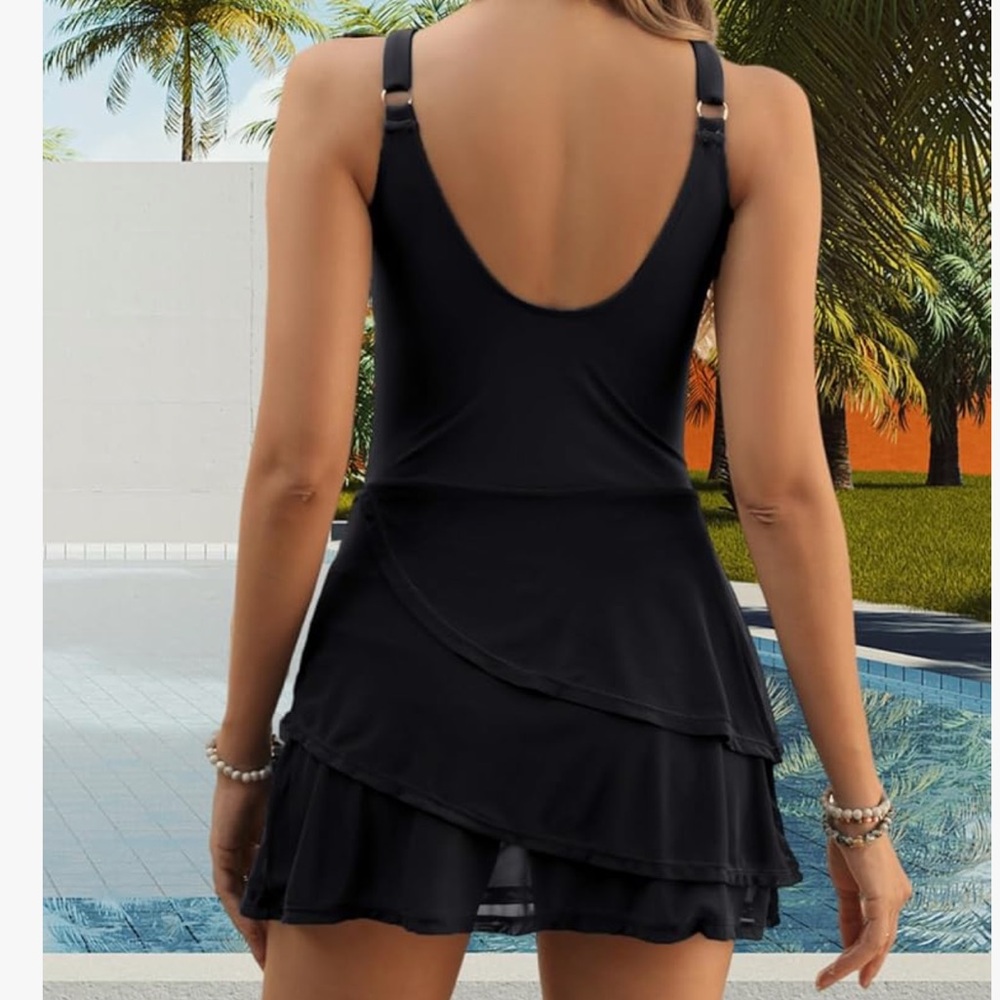 NWT One Piece Tummy Control Modest Swim Dress Rushed Bathing Suit Mesh Skirt - Picture 3 of 7